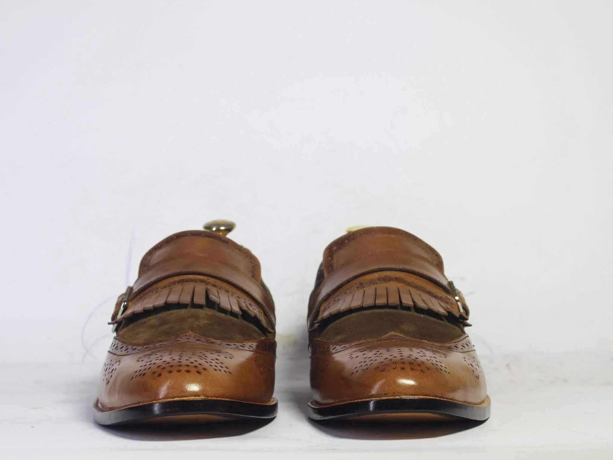 Bespoke Brown Fringes Monk Strap Shoes, Men's Handmade Leather Suede Dress Shoes