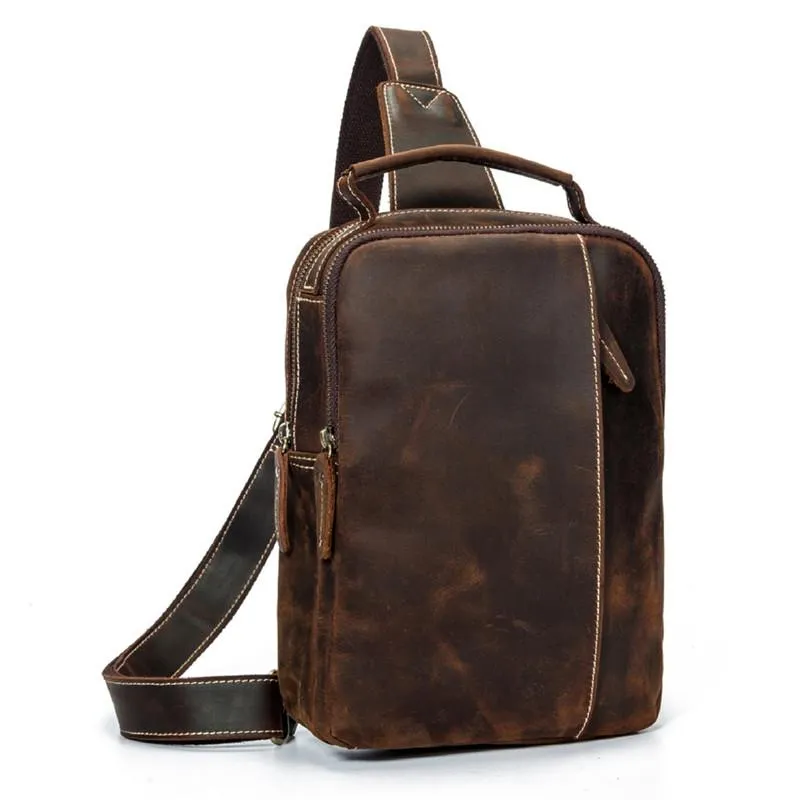 Best Brown Distressed LEATHER MENS Sling Bag One Shoulder Backpack Top Chest Bag For Men