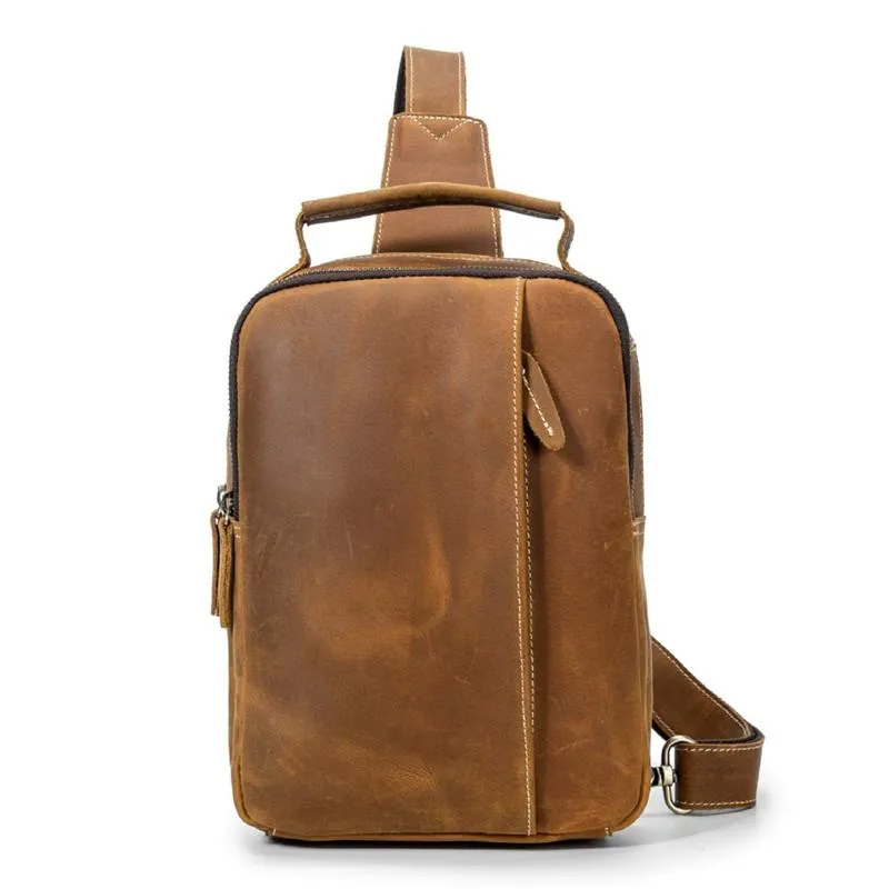 Best Brown Distressed LEATHER MENS Sling Bag One Shoulder Backpack Top Chest Bag For Men