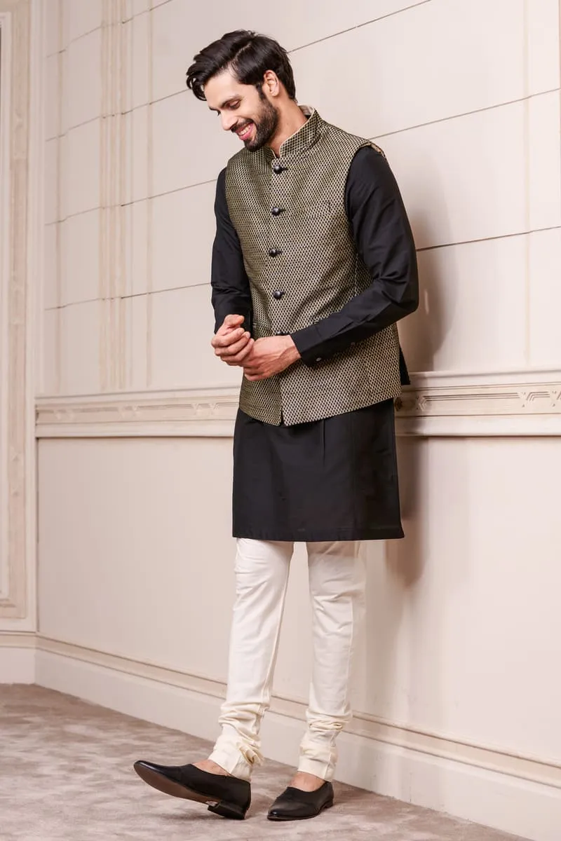 Black Brocade Kurta Bundi Set