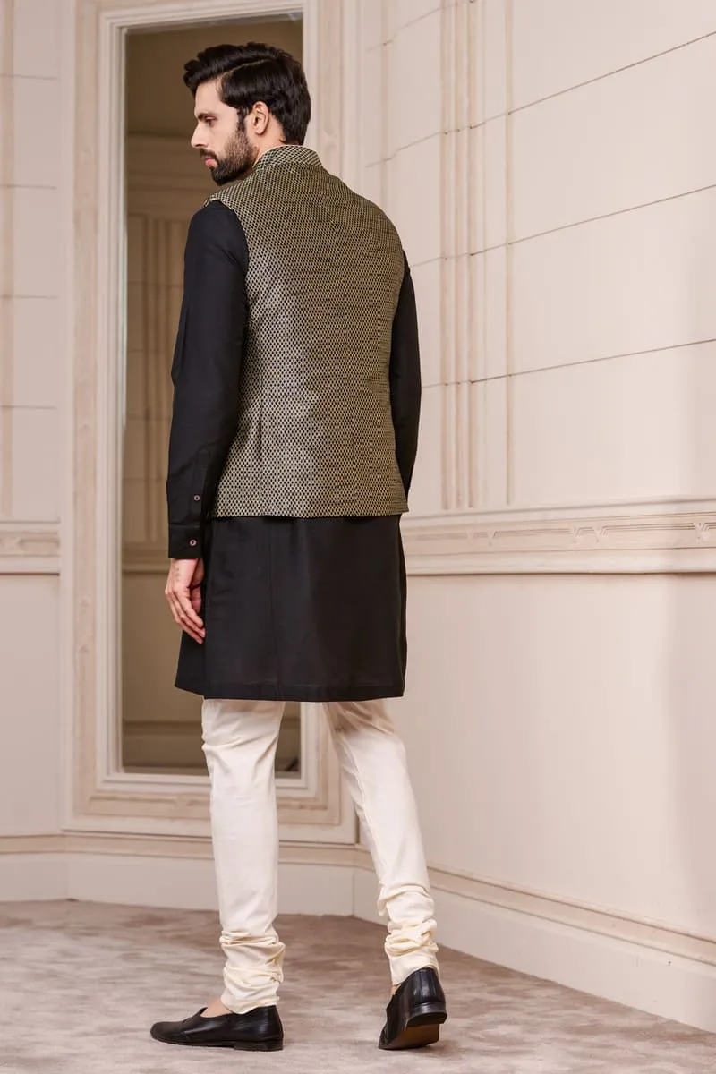 Black Brocade Kurta Bundi Set