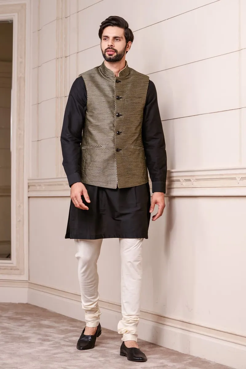 Black Brocade Kurta Bundi Set