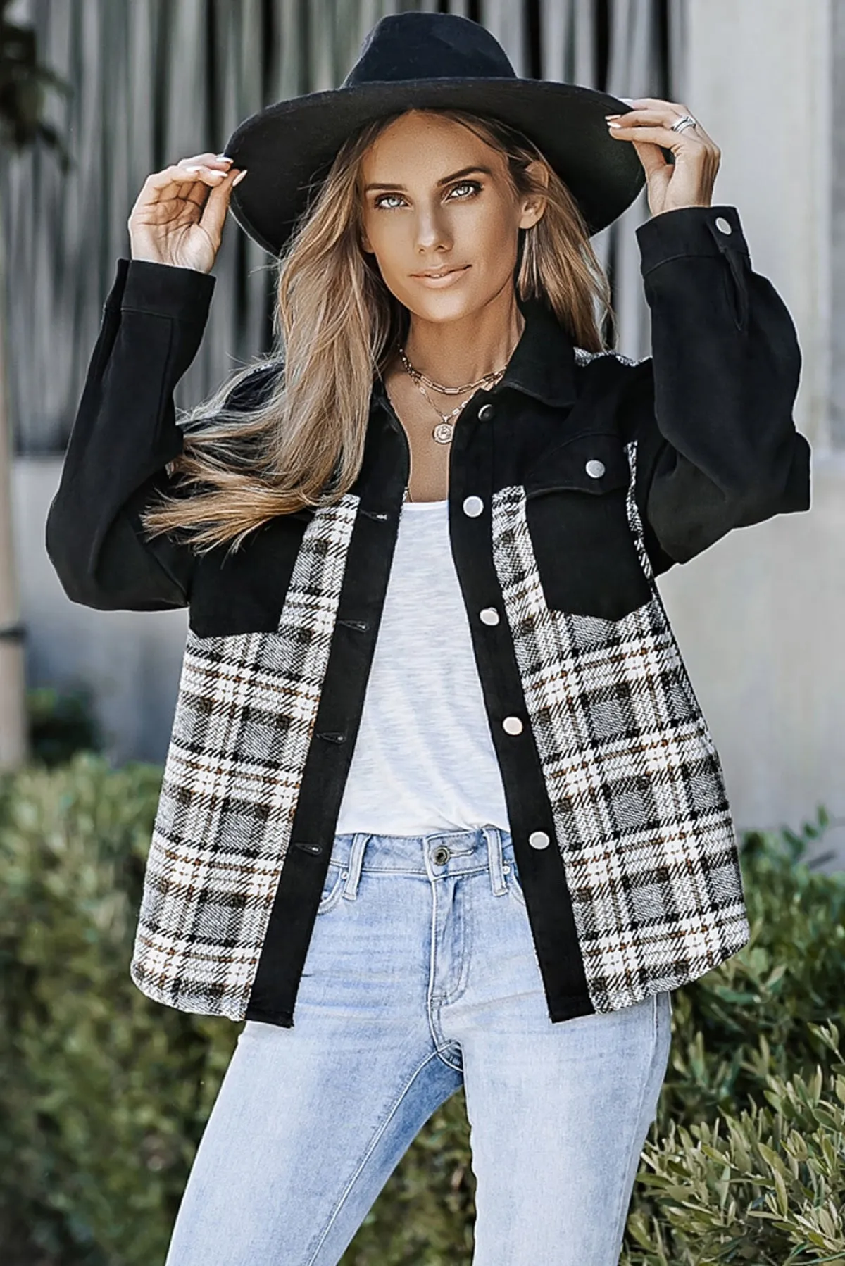 Black Christmas Pattern Plaid Splicing Denim Jacket