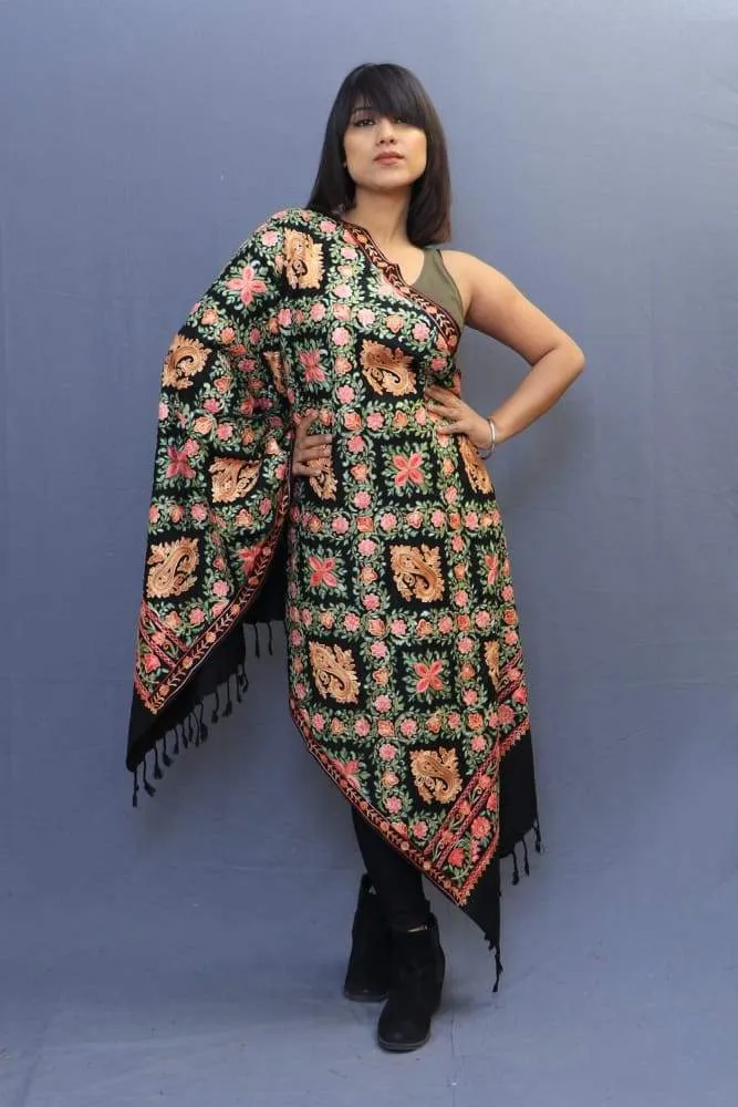 Black Colour Stole With Kashmiri Embroidery Compliments The Wearer For Owning A Unique Accessory.