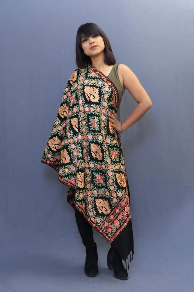 Black Colour Stole With Kashmiri Embroidery Compliments The Wearer For Owning A Unique Accessory.