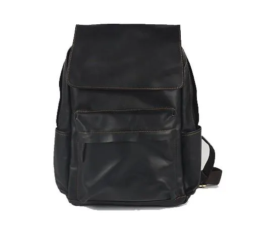 Black Cool Mens Leather 15inch Laptop Backpack Leather School Backpack Travel Backpack for Men