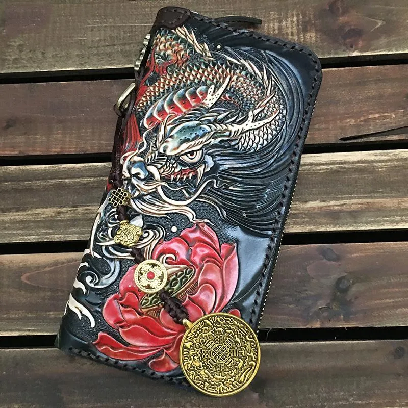 Black Handmade Tooled Chinese Dragon Leather Long Biker Wallet Chain Wallet Clutch Wallet For Men