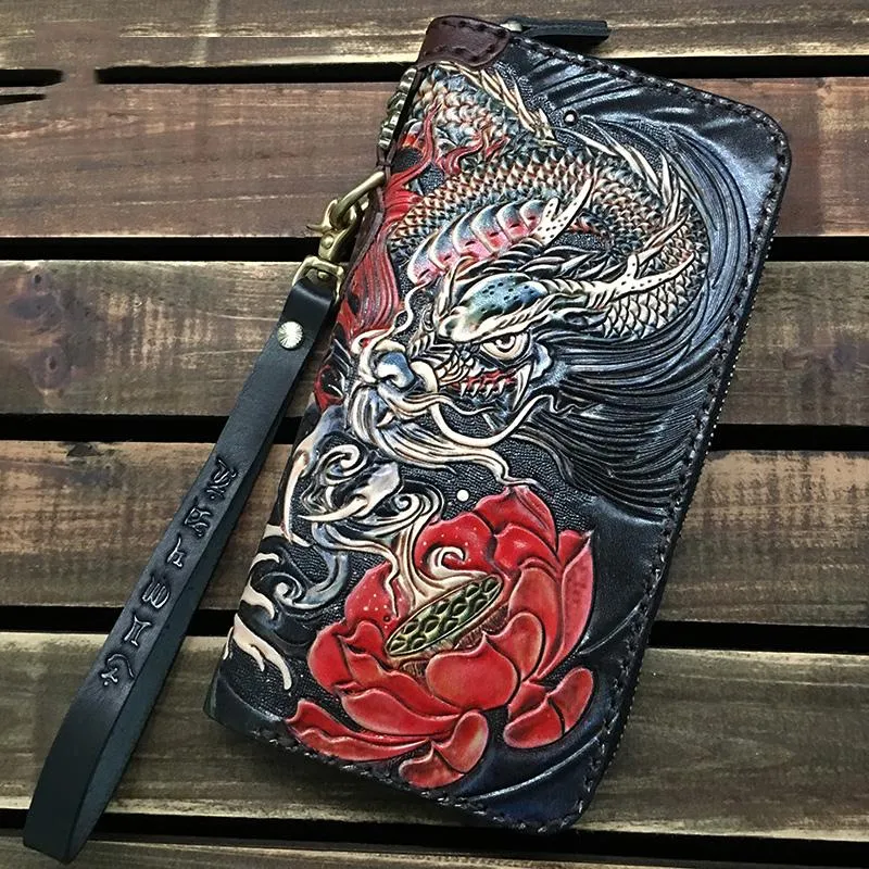 Black Handmade Tooled Chinese Dragon Leather Long Biker Wallet Chain Wallet Clutch Wallet For Men