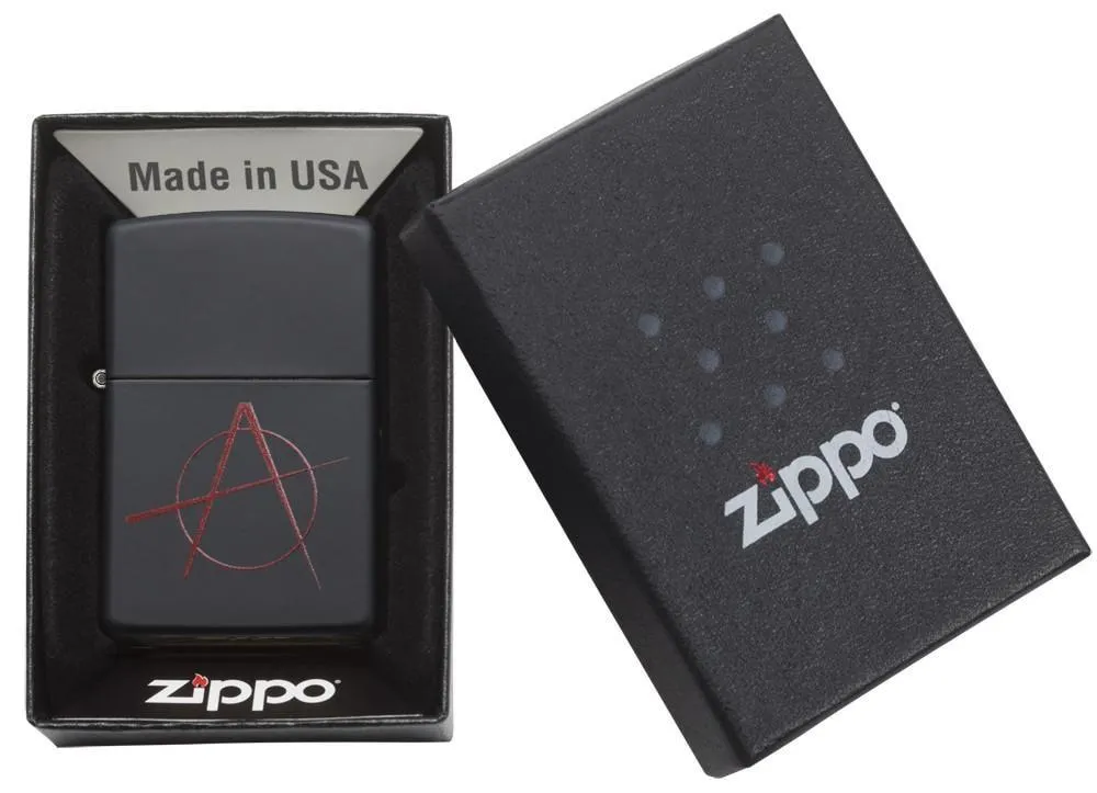 Black Matte Zippo Lighter w/ Red Anarchy Symbol Design (fuel NOT included)