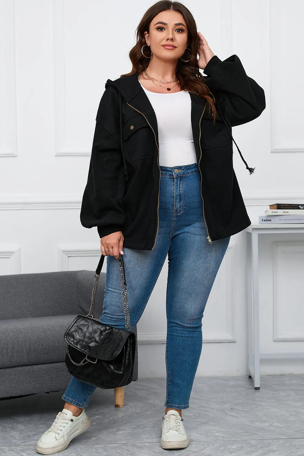 Black Plus Size Bishop Sleeve Zip Up Hooded Jacket