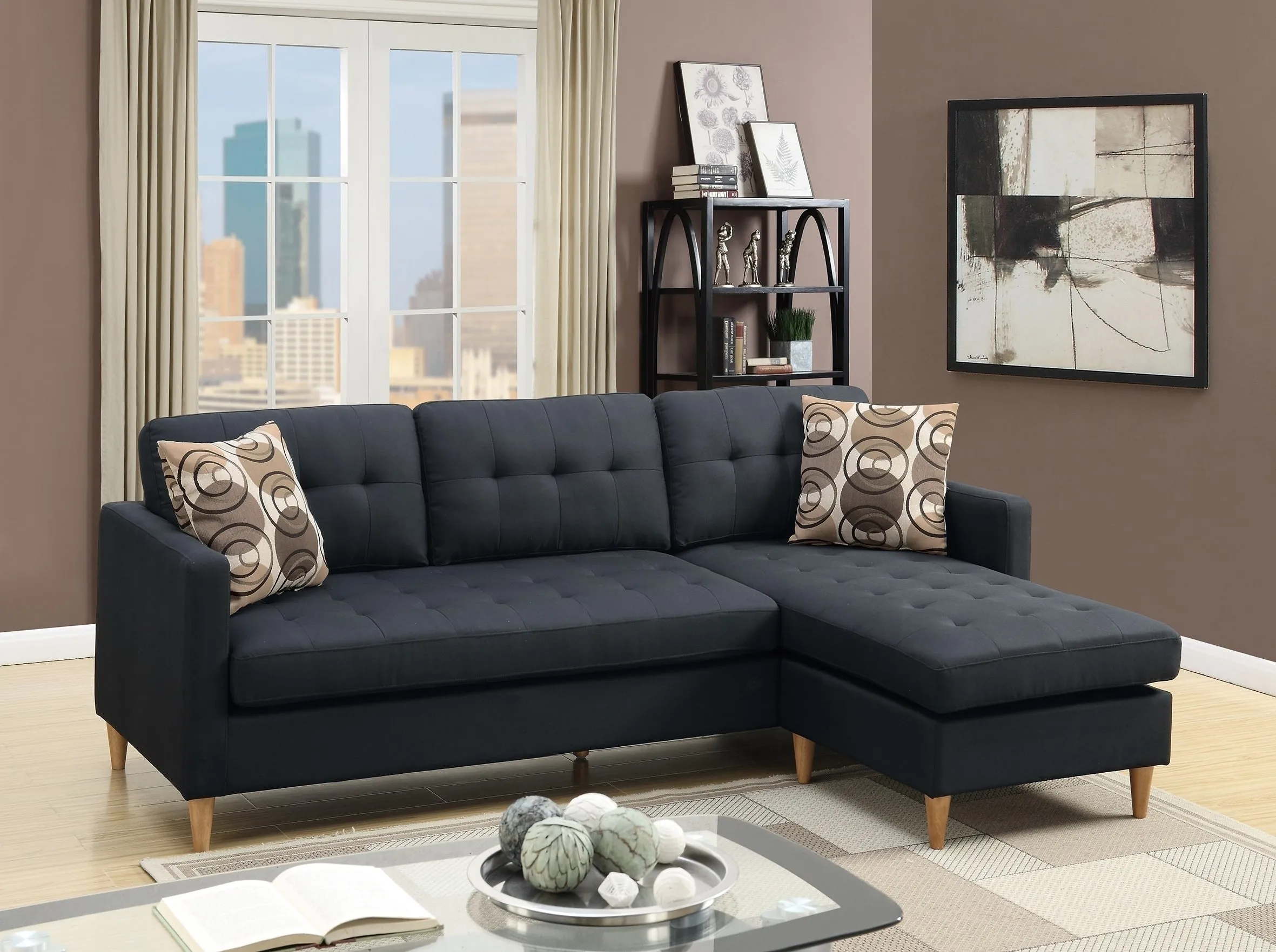 Black Polyfiber Sectional Sofa Living Room Furniture Reversible Chaise Couch Pillows Tufted Back Modular Sectionals