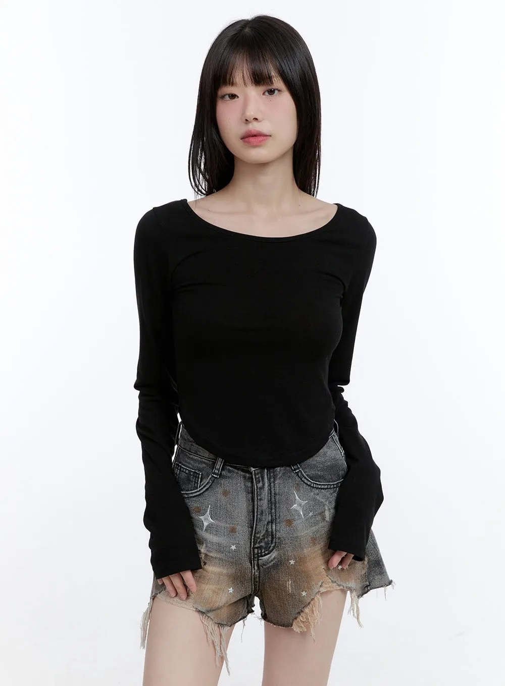 Boat Neck Solid Long Sleeve Crop Top CG413