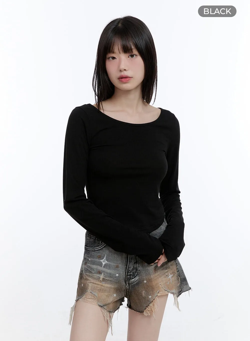 Boat Neck Solid Long Sleeve Crop Top CG413