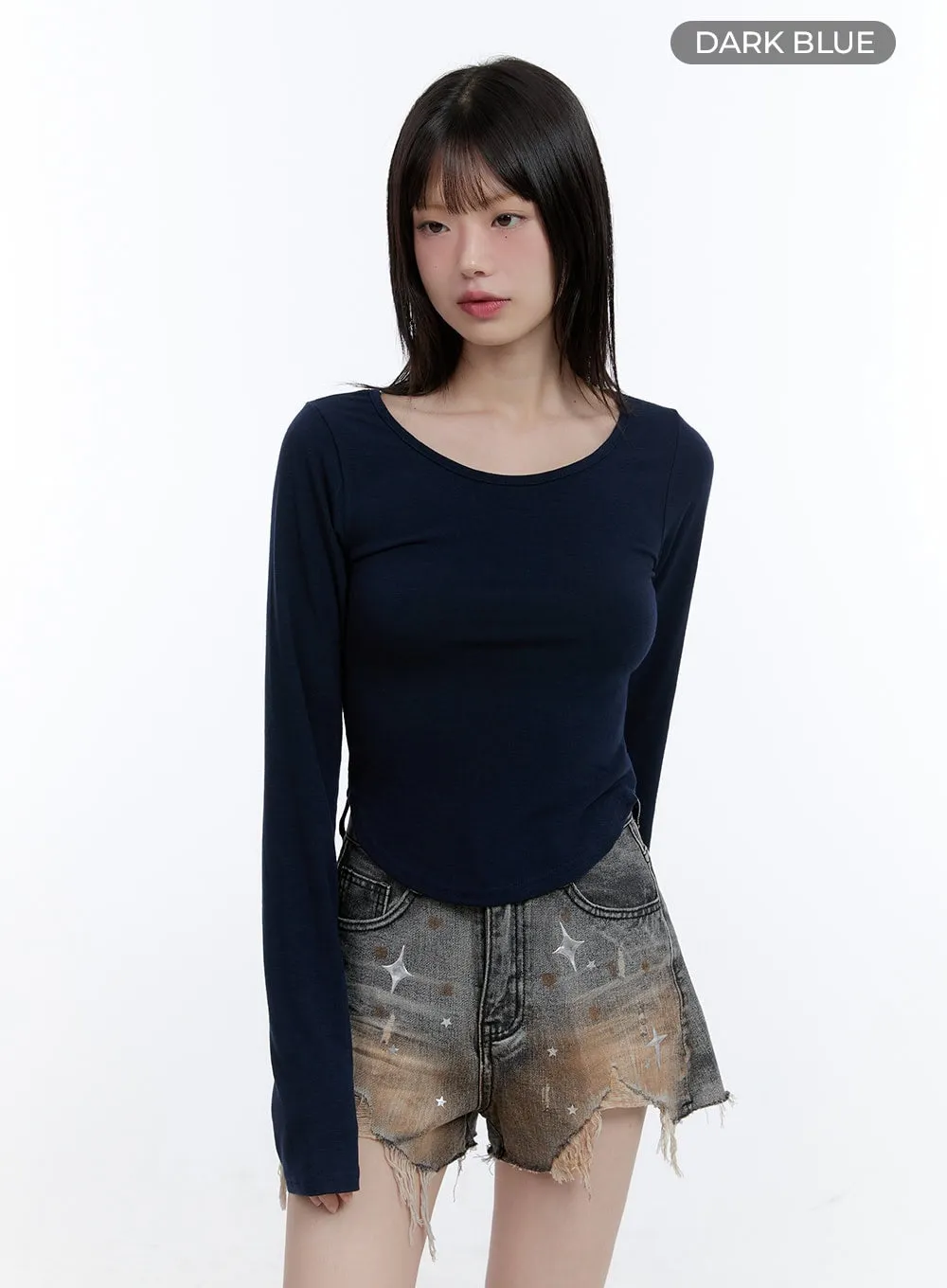 Boat Neck Solid Long Sleeve Crop Top CG413