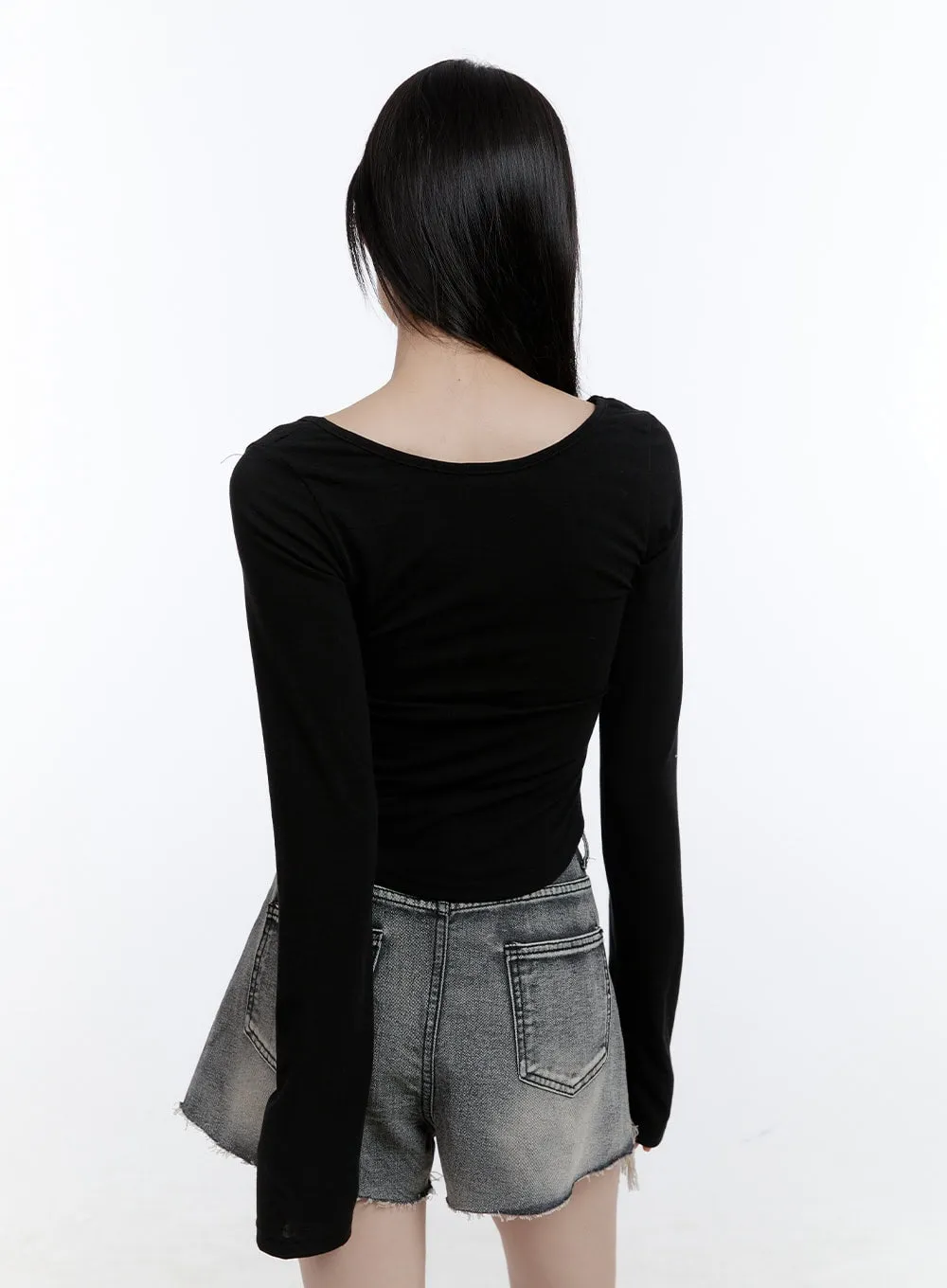 Boat Neck Solid Long Sleeve Crop Top CG413