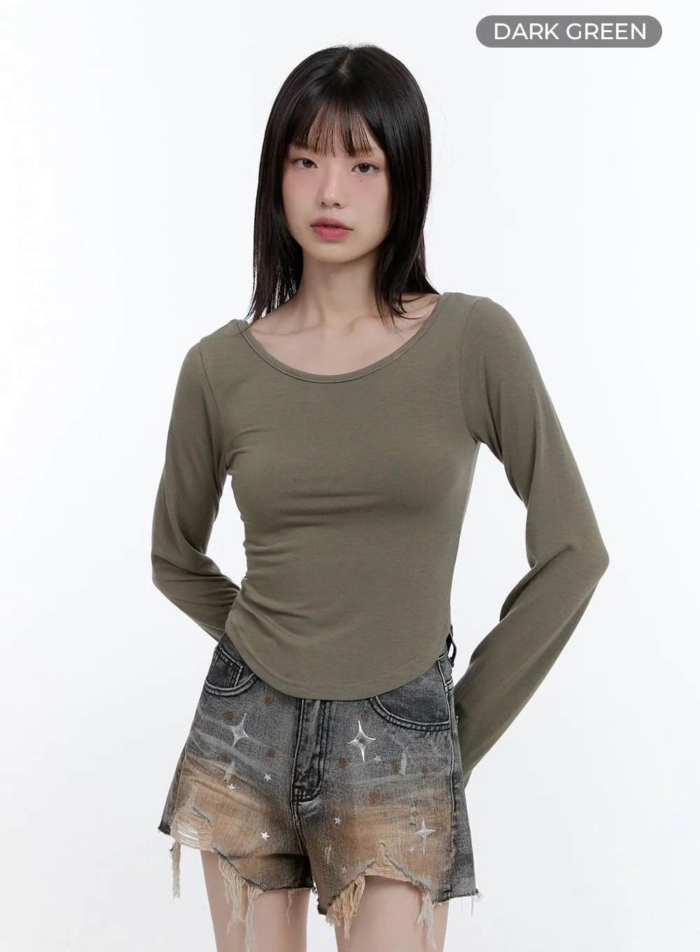 Boat Neck Solid Long Sleeve Crop Top CG413