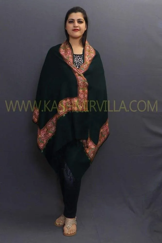 Bottle Green Colour Sozni Work Handwoven Stole On Pashmina Fabric With Multicoloured Border.