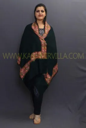 Bottle Green Colour Sozni Work Handwoven Stole On Pashmina Fabric With Multicoloured Border.