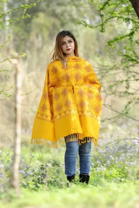 BRIGHT SUNSHINE YELLOW Colour Stole With Graceful Dense Jaal Pattern Of Kashmiri Embroidery Makes It An Ideal Wear.