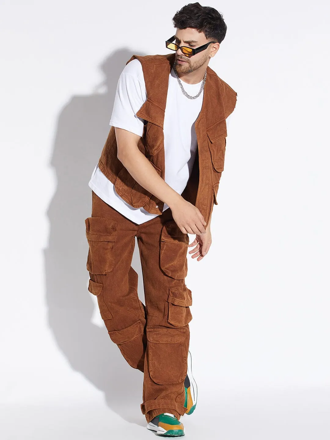 Brown Wash Denim Utility Sleeveless Jacket