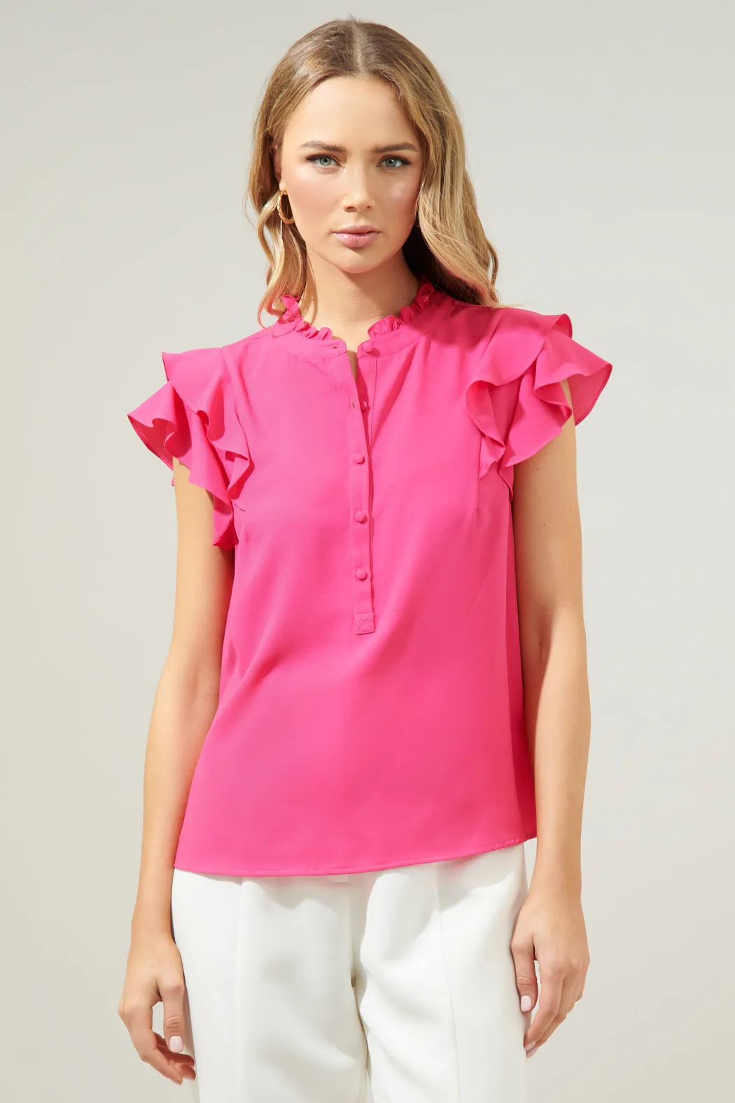 Brynn Flutter Sleeve Button Up Blouse