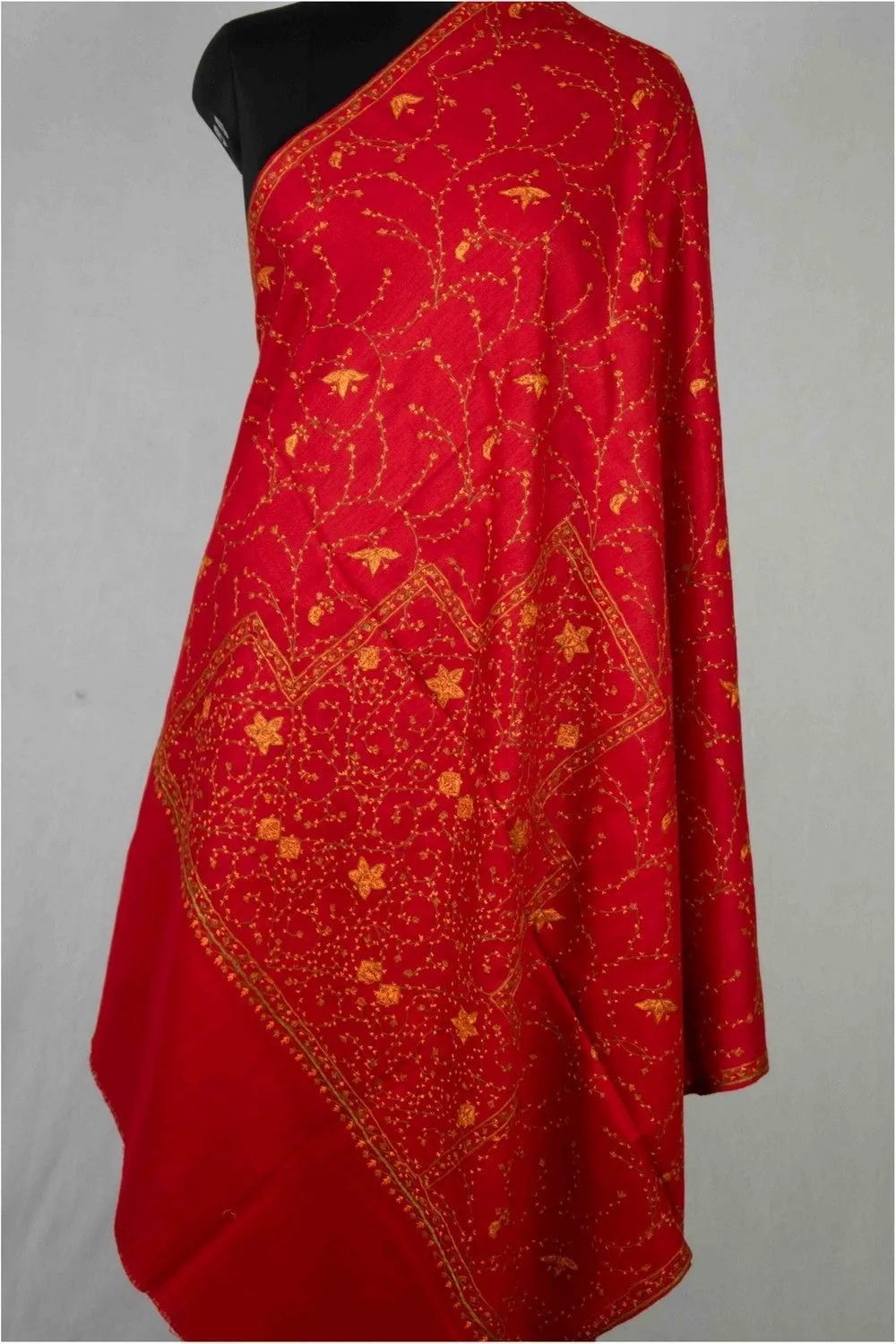 Charismatic Red Colour Kashmiri Sozni Shawl Emblished With Designer Over All Jaal And Border.