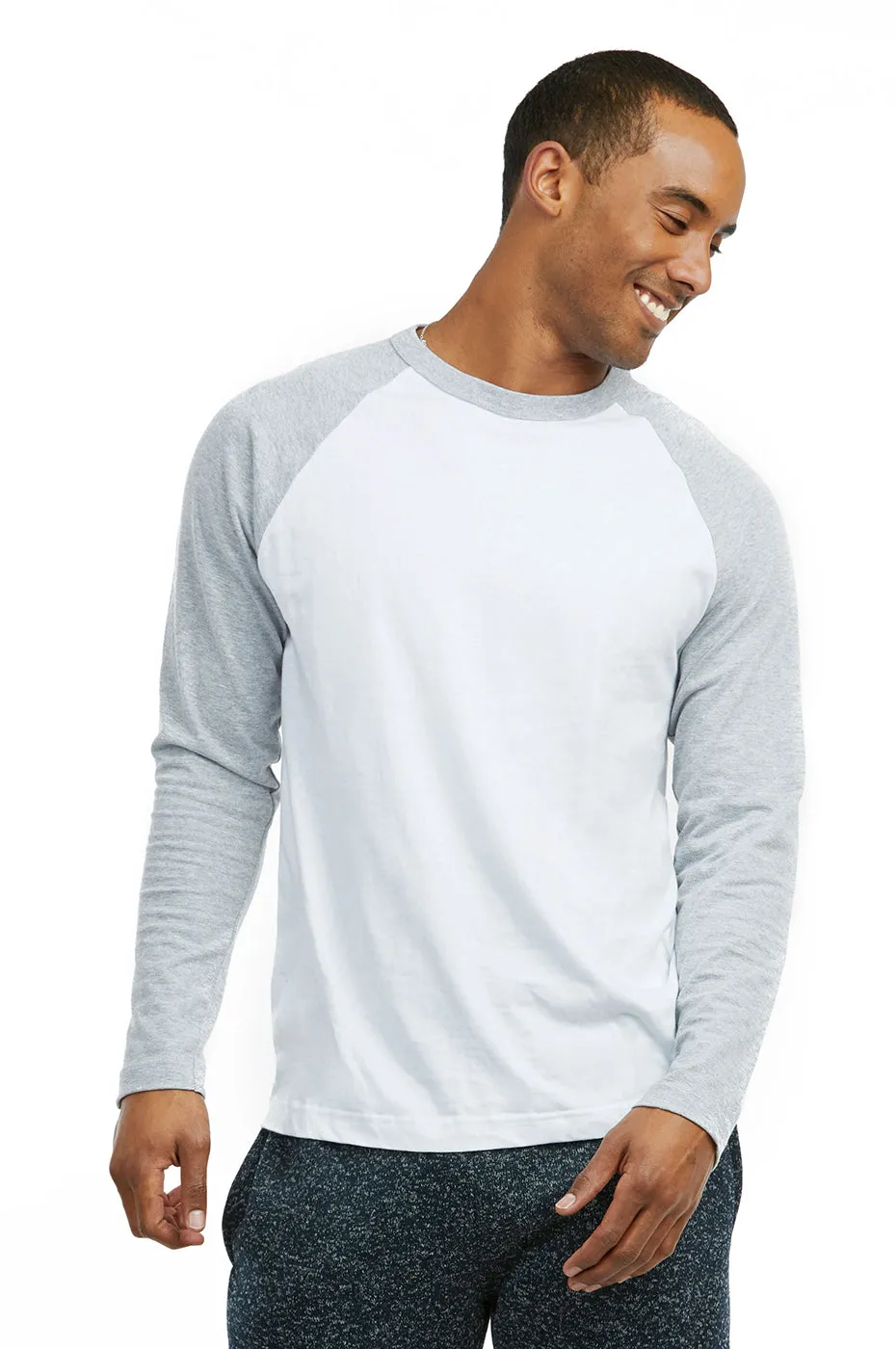 COTTONBELL MEN'S LONG SLEEVE BASEBALL TEE (MBT002C_LT.G-WHT)