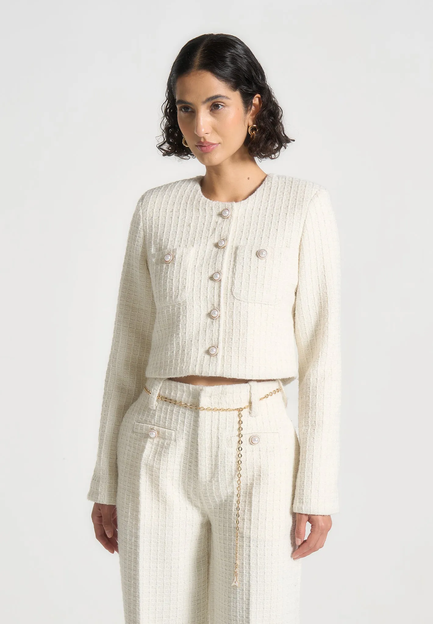 Cropped Tweed Jacket with Pearls - Cream