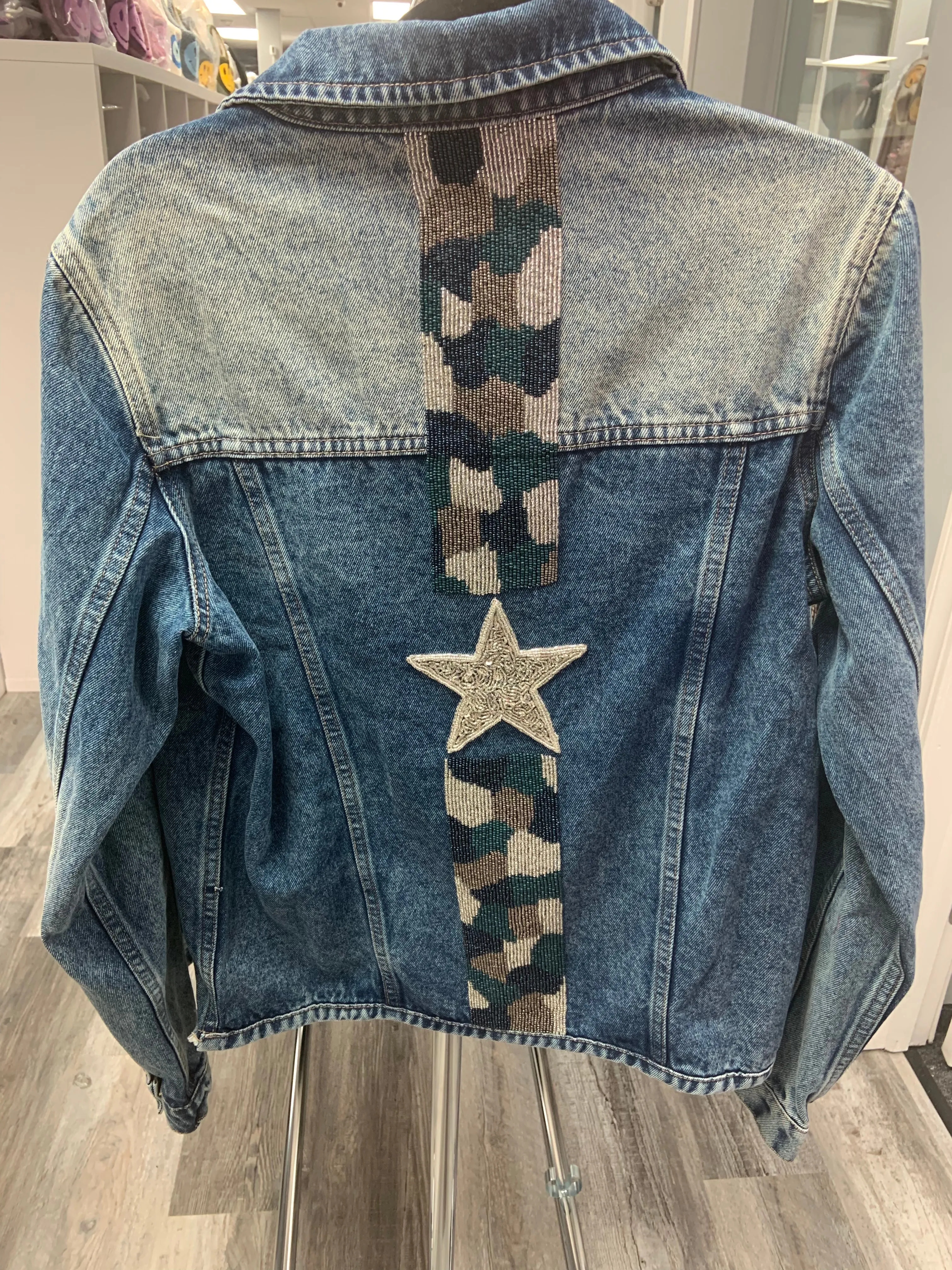 Denim Jacket w/ Hand Beaded Embroidery- Camo Star