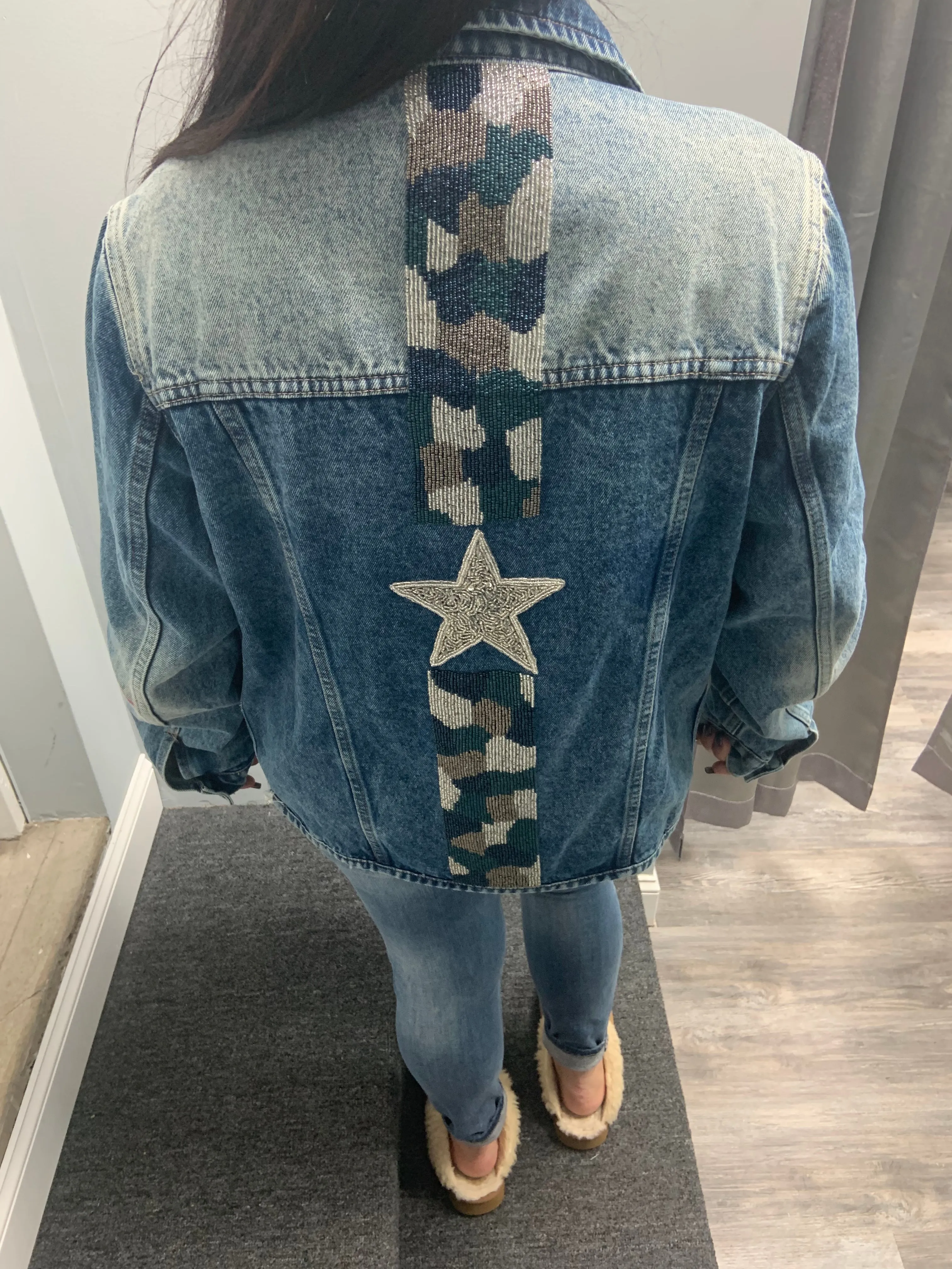 Denim Jacket w/ Hand Beaded Embroidery- Camo Star