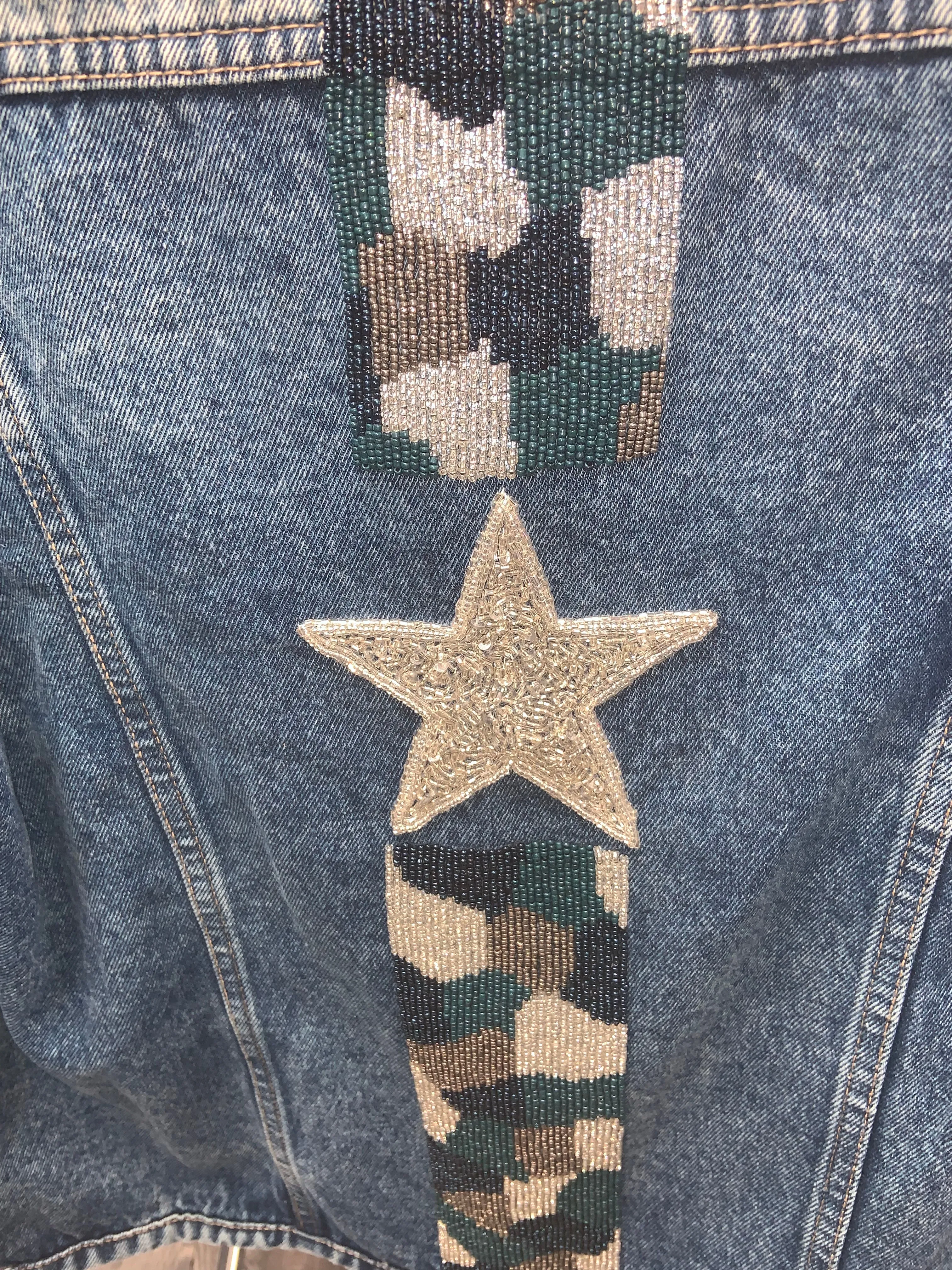 Denim Jacket w/ Hand Beaded Embroidery- Camo Star