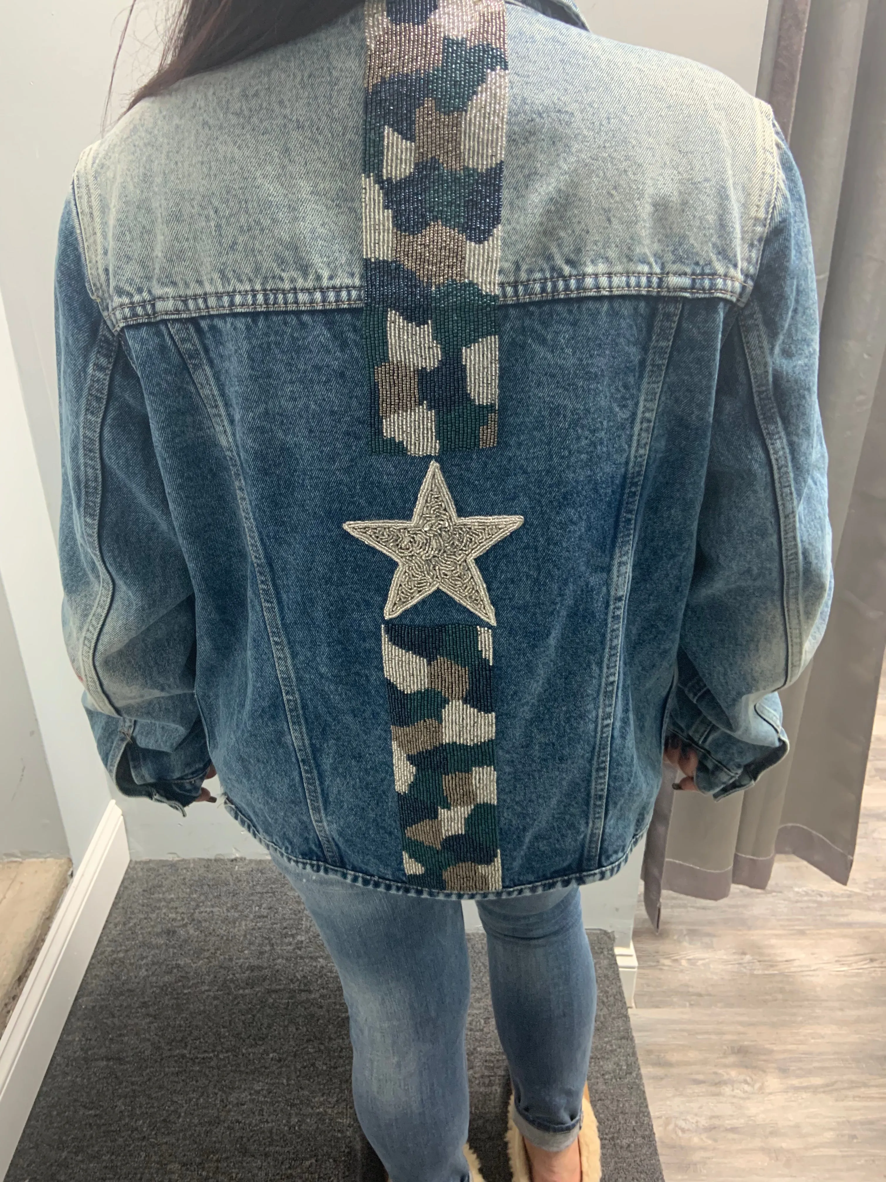 Denim Jacket w/ Hand Beaded Embroidery- Camo Star