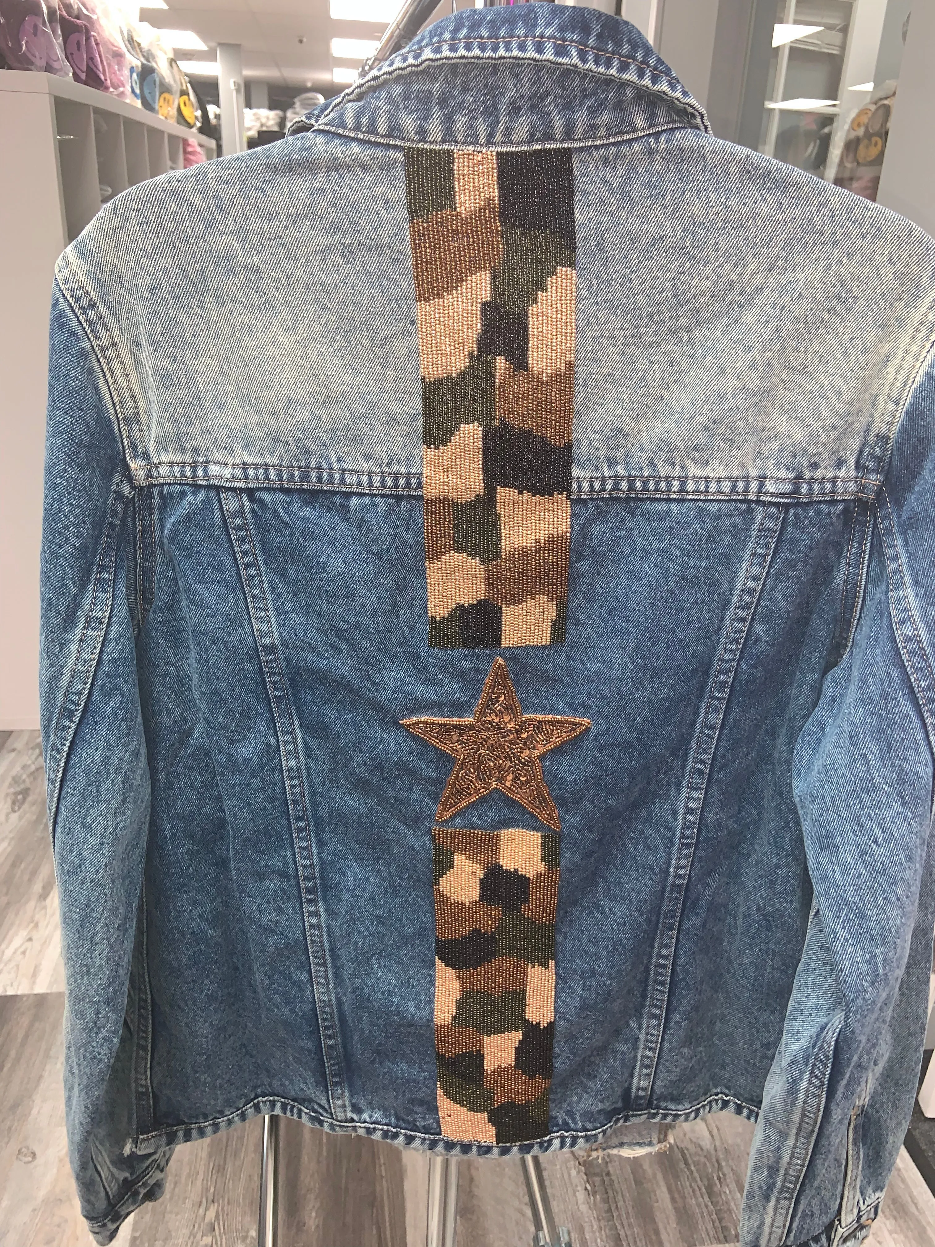 Denim Jacket w/ Hand Beaded Embroidery- Camo Star