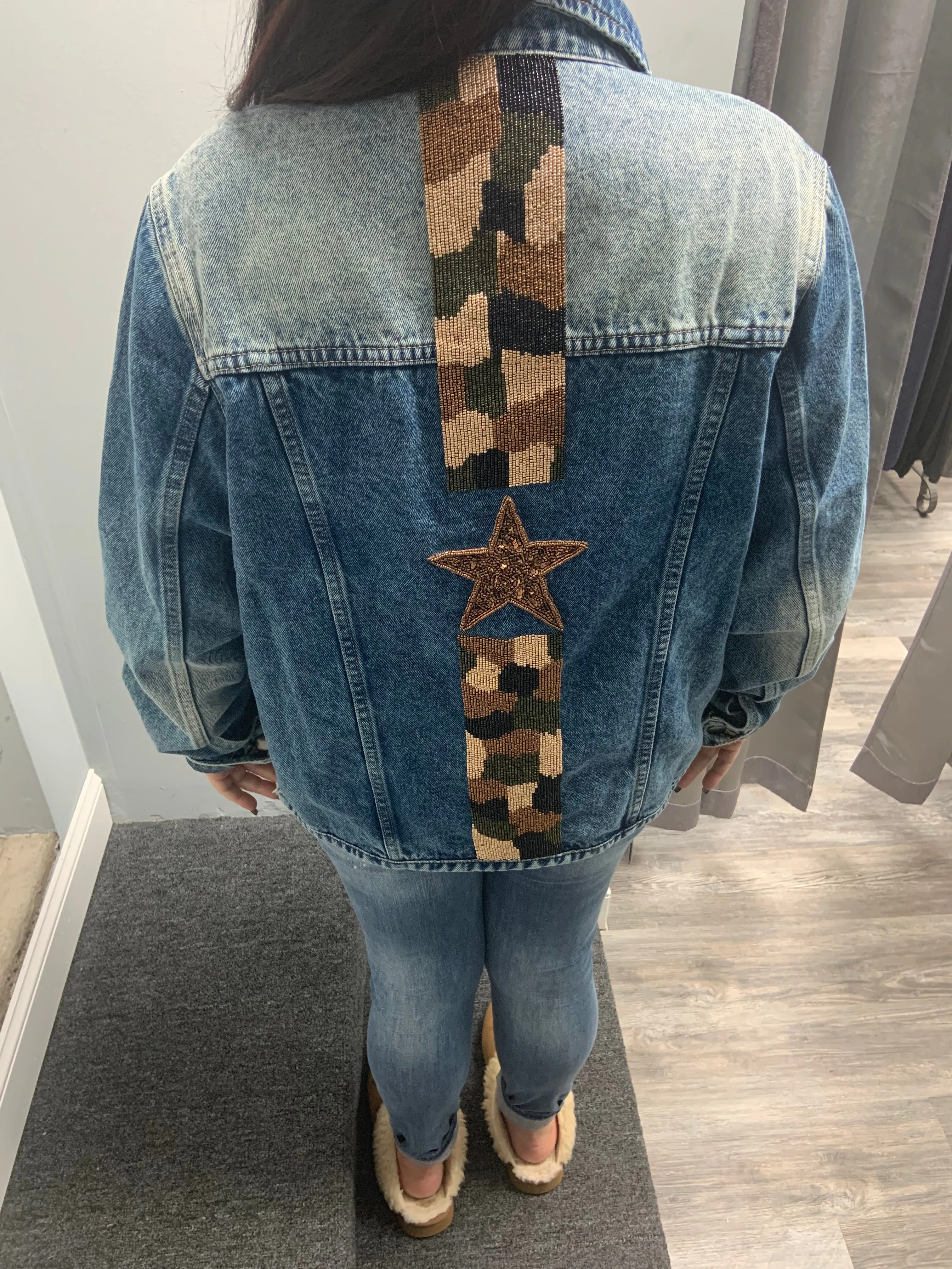 Denim Jacket w/ Hand Beaded Embroidery- Camo Star