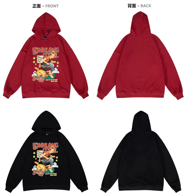 Einklang Retro Cartoon Boy Long Sleeve Baggy Hooded Sweatshirt