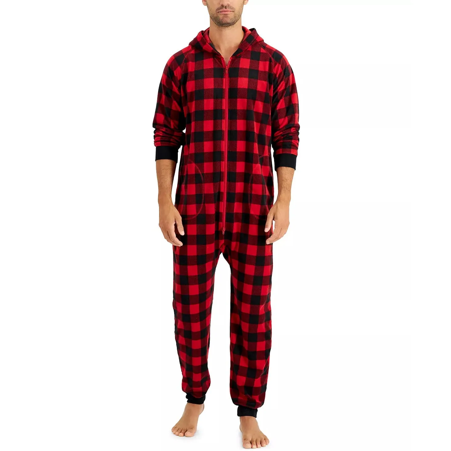 Family Pajamas Men's Bodysuit, Red Buffalo Check, Hooded