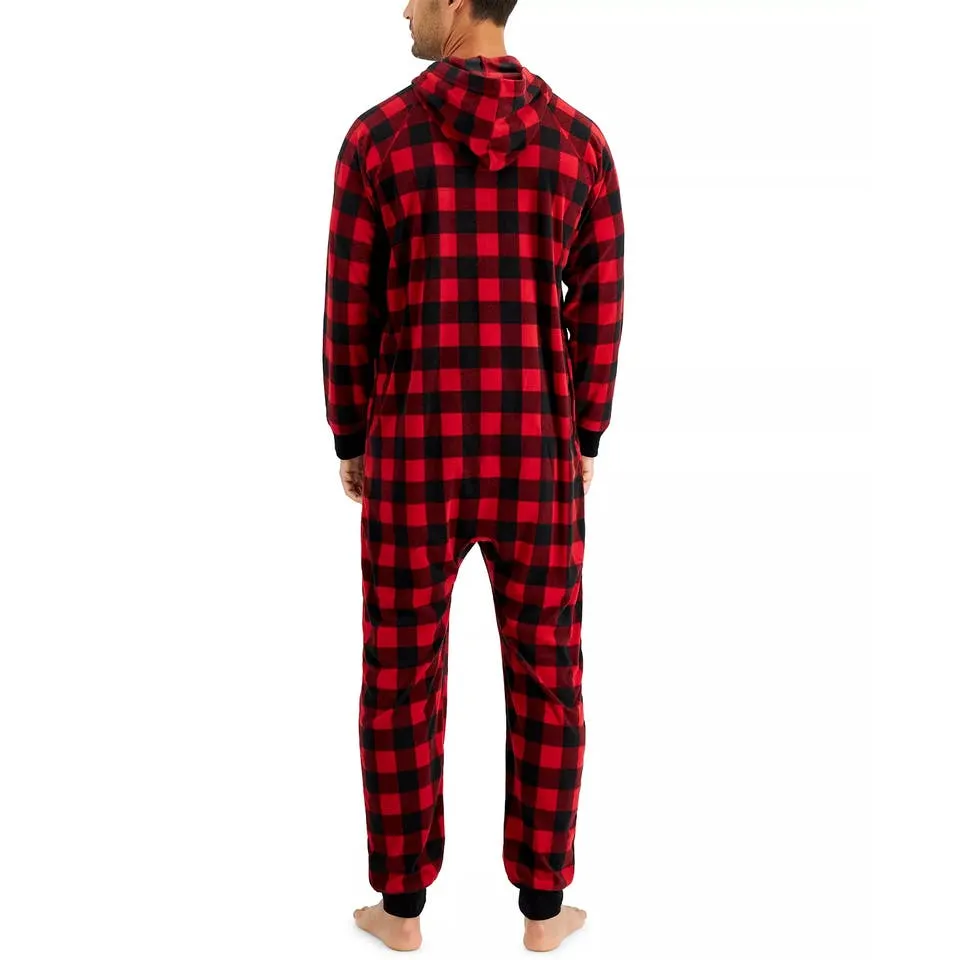 Family Pajamas Men's Bodysuit, Red Buffalo Check, Hooded