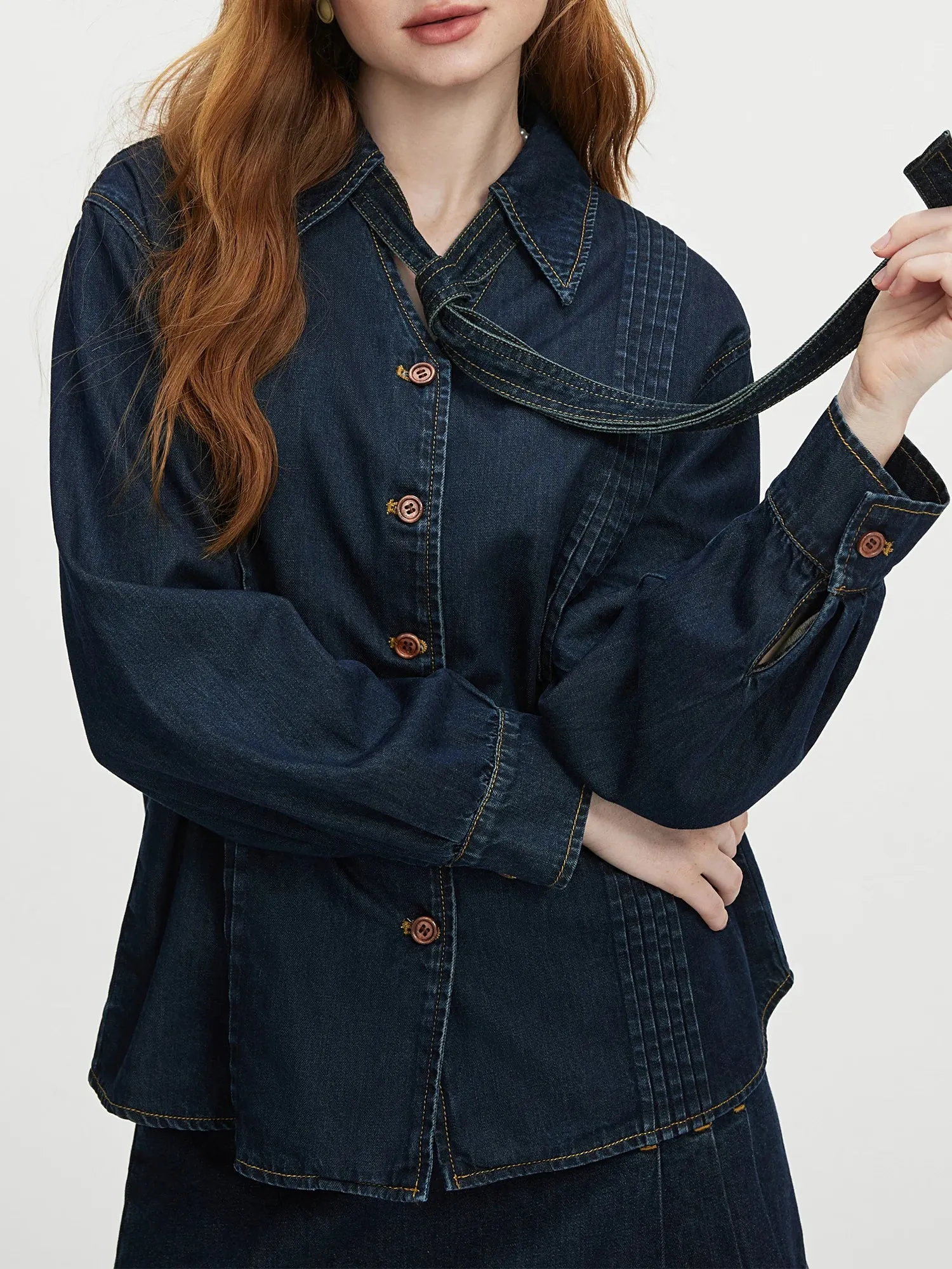 Fashionkova FSLE Women Denim Sets Removable Lace-up Design Dark Blue Long Sleeve Shirts Back Zipper Placket Mini Skirt 24FS13266 24FS13268