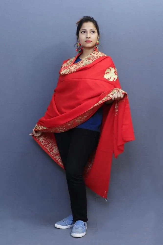 Flawless Red Color Kashmiri Tilla Work Embroidered Shawls Enriched With New Designer Border Pattern