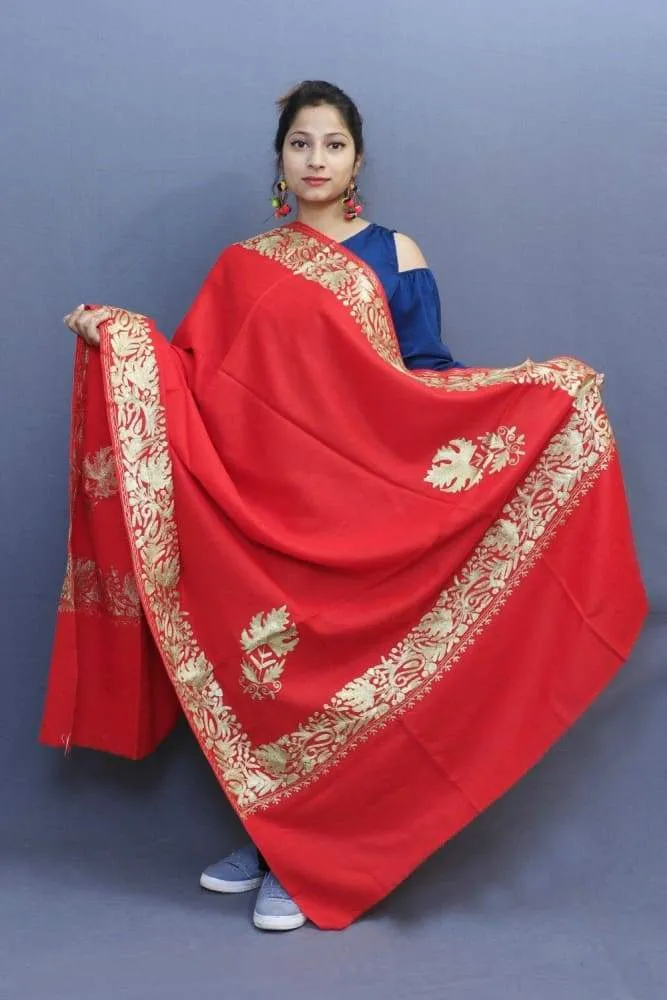 Flawless Red Color Kashmiri Tilla Work Embroidered Shawls Enriched With New Designer Border Pattern