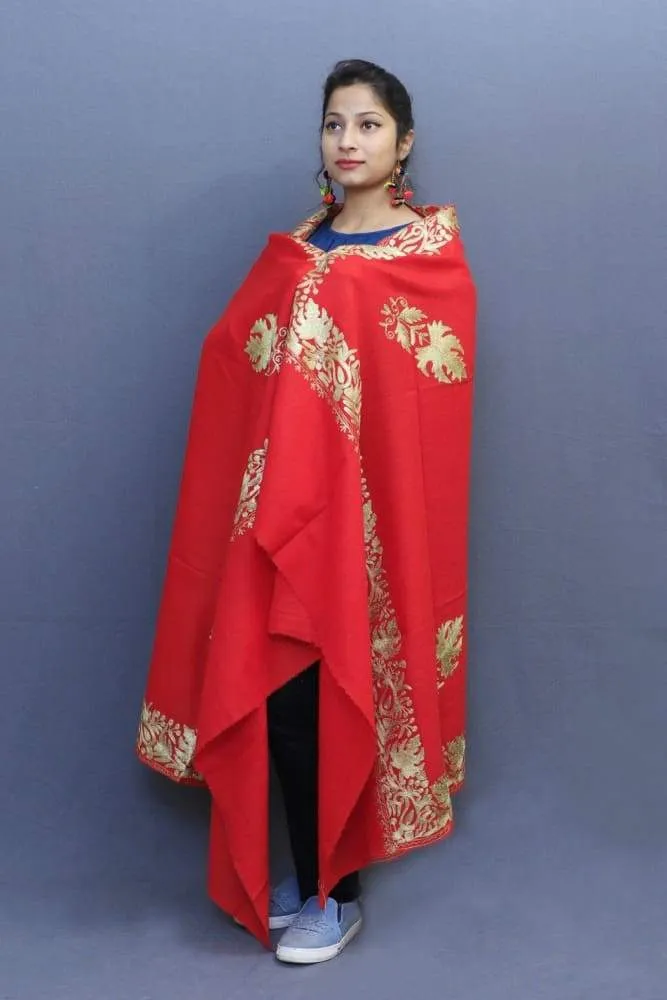 Flawless Red Color Kashmiri Tilla Work Embroidered Shawls Enriched With New Designer Border Pattern