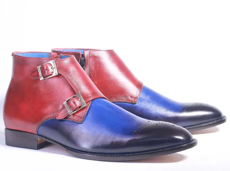 Handmade Leather Multi Color Brogue Toe boots, Men Double Monk Side & Zipper Boots