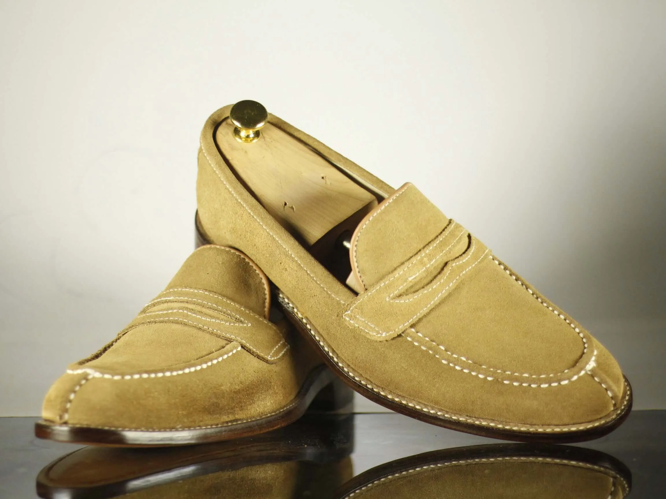 Handmade Men's Beige Split Toe Suede Penny Loafers, Men Designer Dress Luxury Shoes