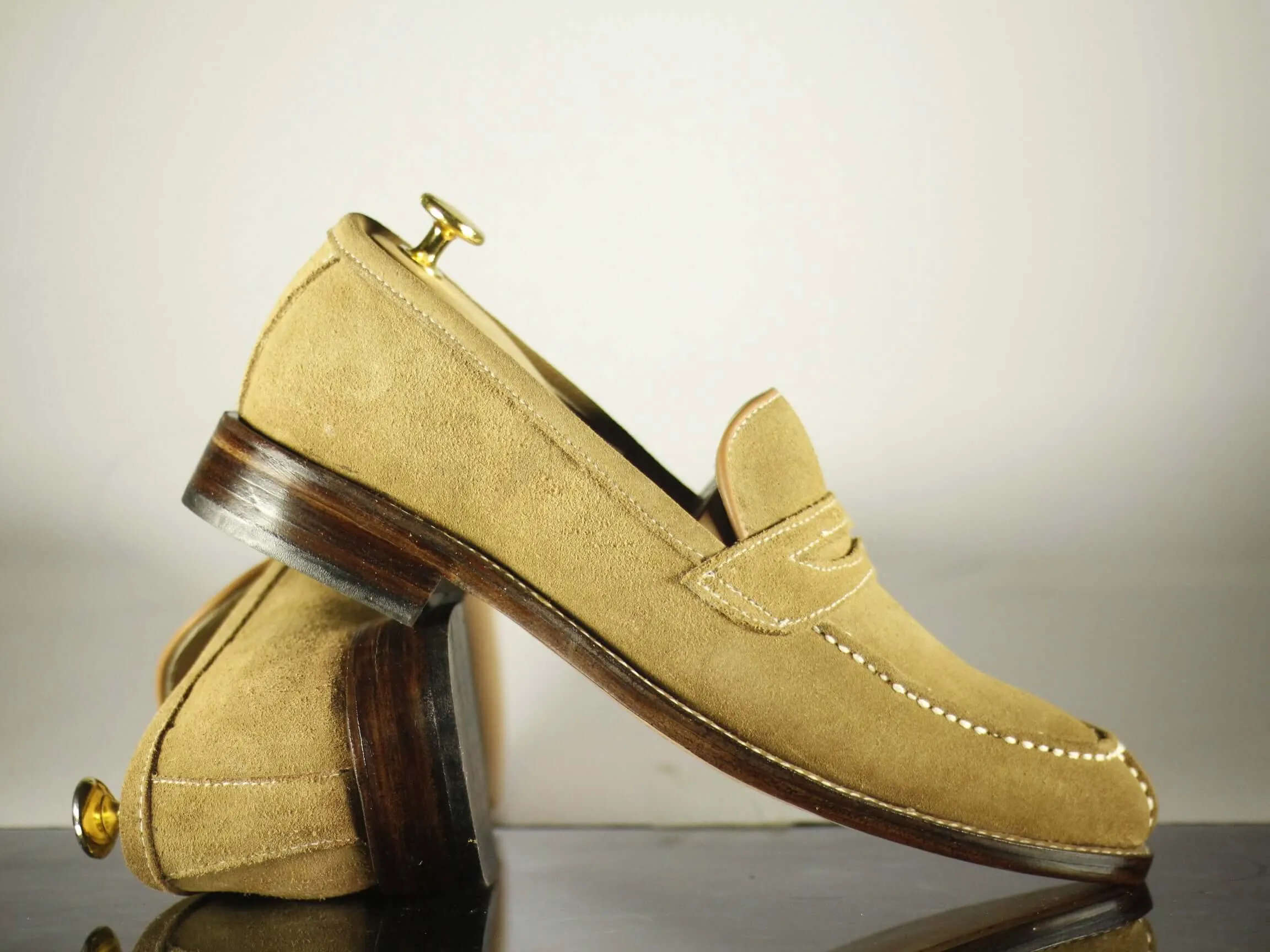 Handmade Men's Beige Split Toe Suede Penny Loafers, Men Designer Dress Luxury Shoes