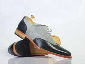 Handmade Men’s Gray Black Wing Tip Shoes, Men Leather Suede Lace Up Dress Shoes