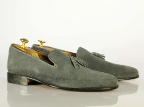 Handmade Men's Gray Suede Tassel Loafer Shoes, Men Designer Dress Formal Luxury Shoes