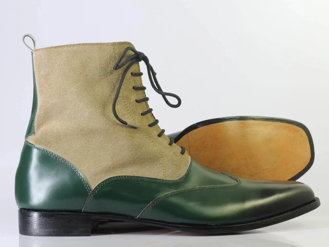 Handmade Men's Green Beige Lace Up Boots, Men Wing Tip Leather Suede Ankle Boots