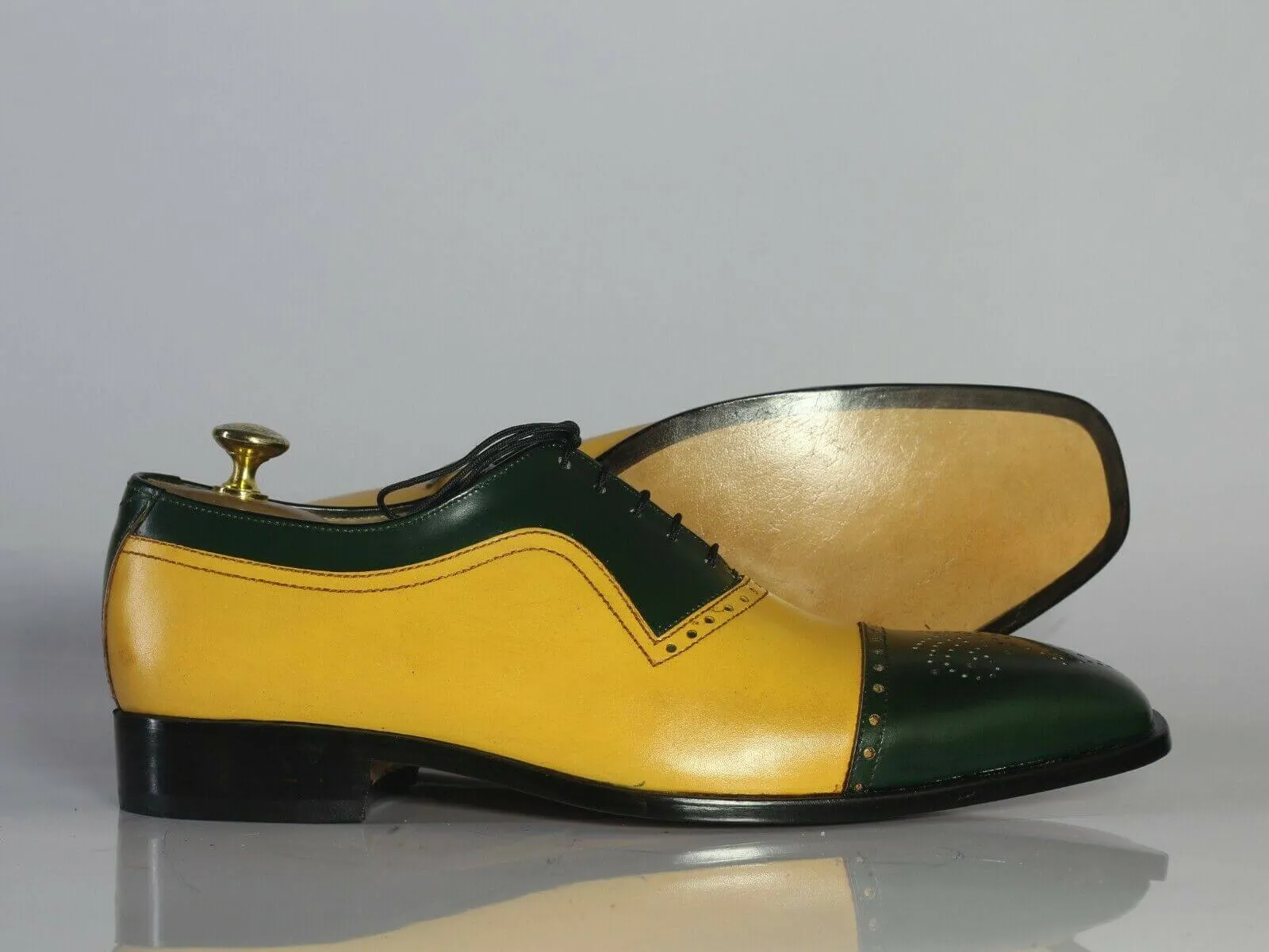 Handmade Men's Leather Lace Up Shoes, Men Yellow Green Cap Toe Dress Formal Shoes