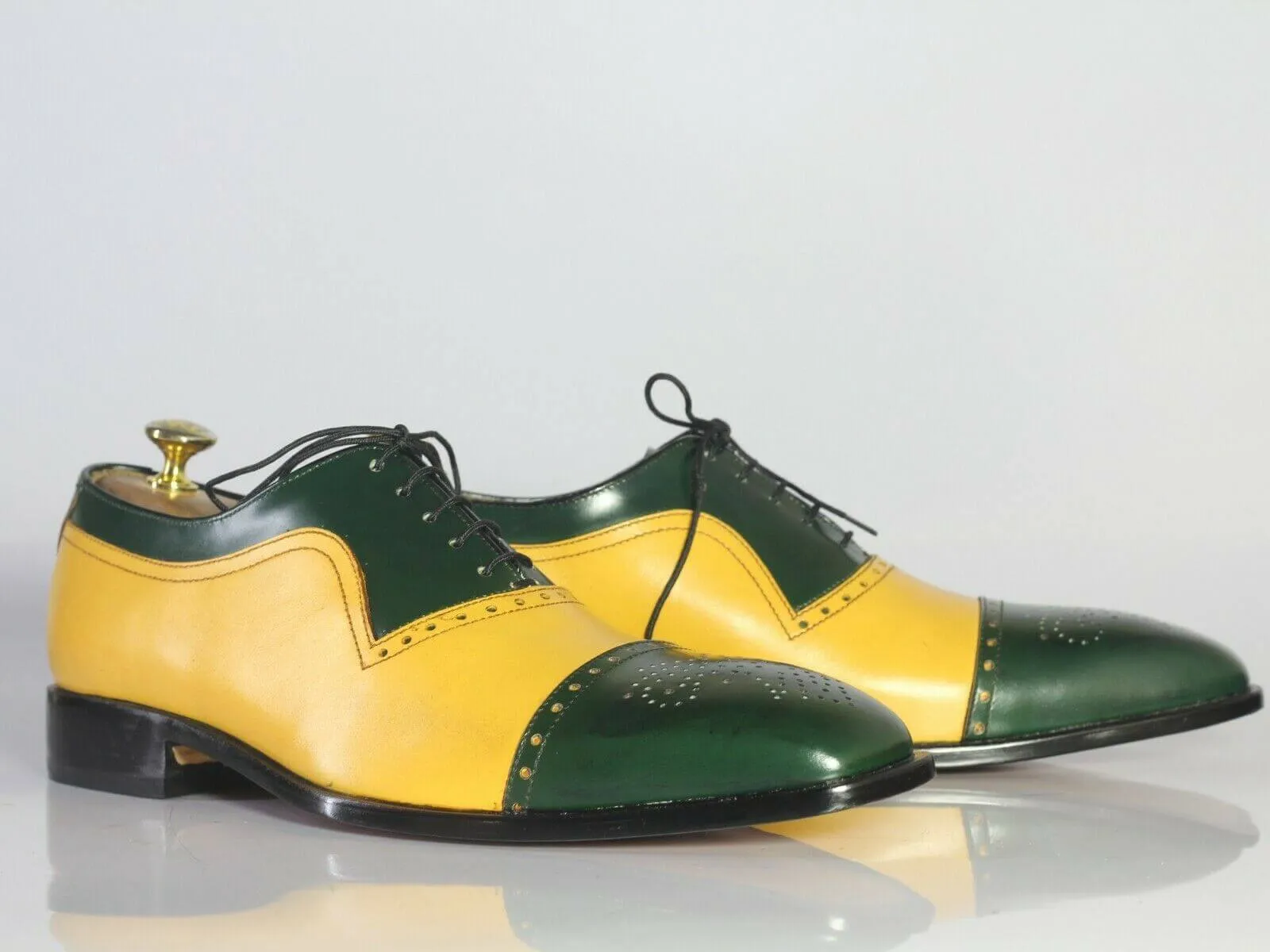 Handmade Men's Leather Lace Up Shoes, Men Yellow Green Cap Toe Dress Formal Shoes