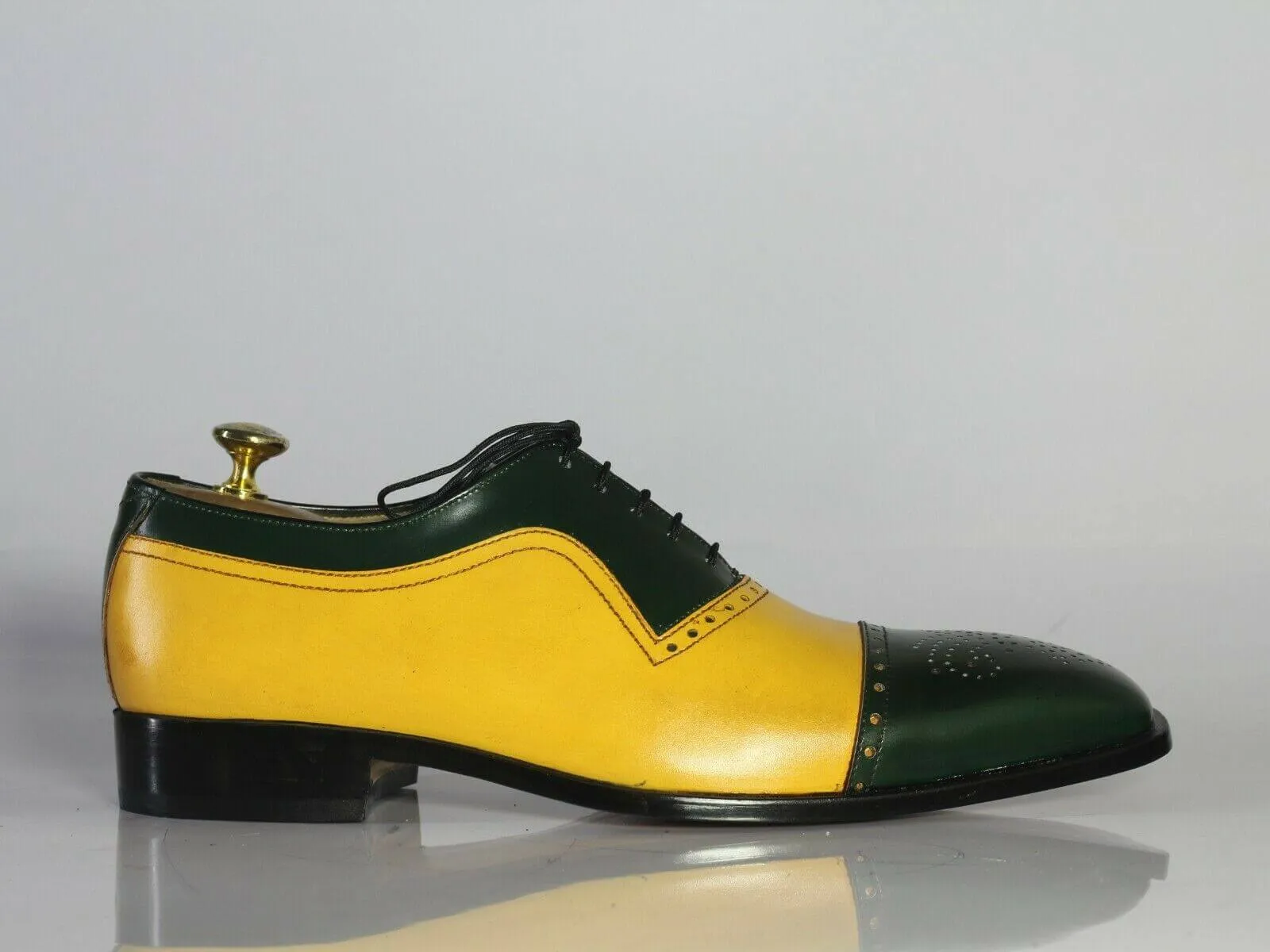 Handmade Men's Leather Lace Up Shoes, Men Yellow Green Cap Toe Dress Formal Shoes